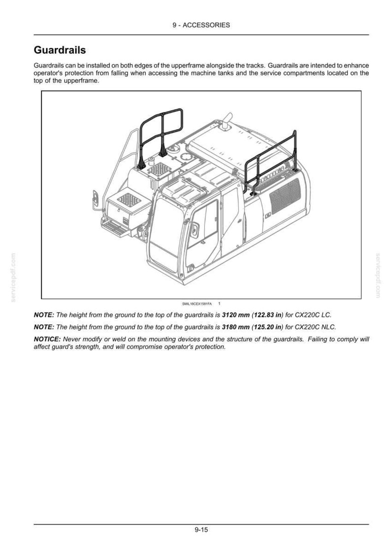 Puede incluir: Diagrama de una m&aacute;quina con barandillas instaladas en los bordes del bastidor superior. El texto indica que la altura de la barandilla es de 3120 mm para CX220C LC y 3180 mm para CX220C NLC.