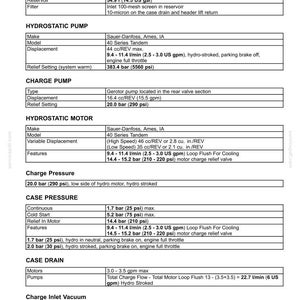 May include: A detailed specification sheet for hydrostatic transmission systems. Includes technical data on pumps, motors, and pressure settings. Features measurements in US gallons, psi, and inches.