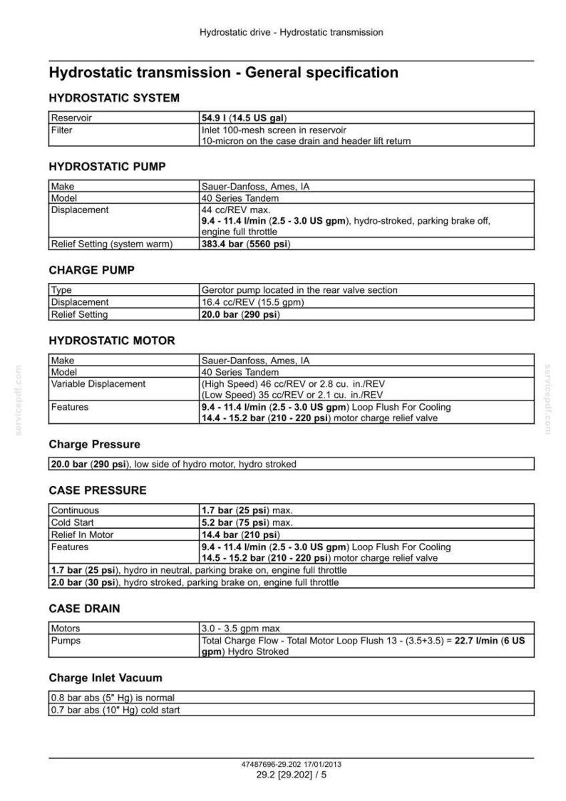 May include: A detailed specification sheet for hydrostatic transmission systems. Includes technical data on pumps, motors, and pressure settings. Features measurements in US gallons, psi, and inches.