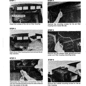 Może przedstawiać: Czarno-biały diagram ilustrujący kroki demontażu obudowy dmuchawy kabiny. Kroki obejmują czyszczenie, otwieranie, odłączanie przewod&oacute;w i wykręcanie śrub. Tekst zawiera "CAB BLOWER HOUSING REMOVAL".
