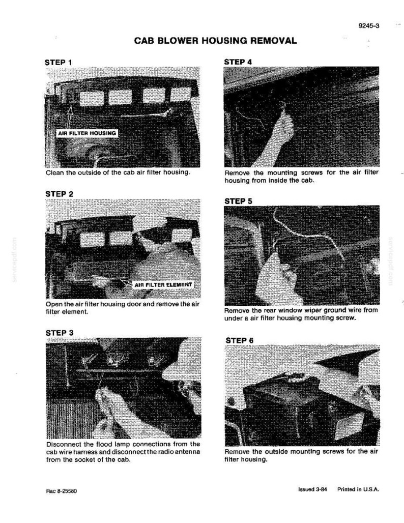 Może przedstawiać: Czarno-biały diagram ilustrujący kroki demontażu obudowy dmuchawy kabiny. Kroki obejmują czyszczenie, otwieranie, odłączanie przewod&oacute;w i wykręcanie śrub. Tekst zawiera "CAB BLOWER HOUSING REMOVAL".