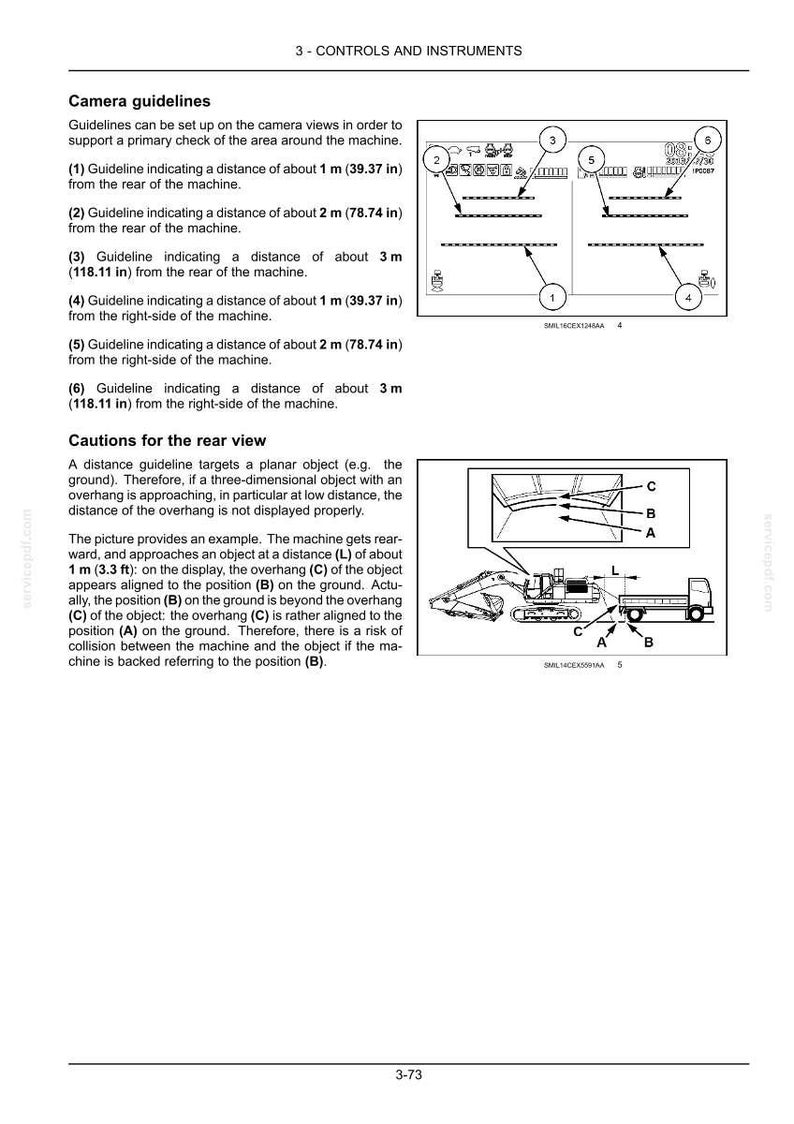 Puede incluir: Diagramas y texto que explican las directrices de la c&aacute;mara de una m&aacute;quina, con distancias en pulgadas y pies. Ilustraciones muestran vistas trasera y lateral derecha, con directrices numeradas.