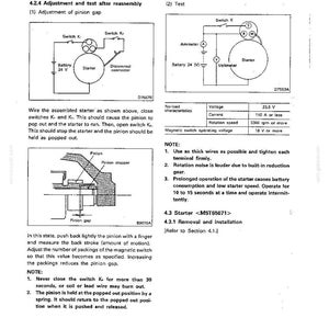 May include: A technical service manual page titled Engine Electrical Service Procedure 16, featuring diagrams for starter pinion gap adjustment and testing. It includes wiring schematics, a no-load characteristics table, and instructions for starter maintenance.