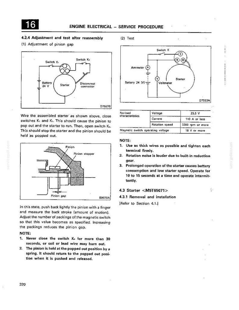 May include: A technical service manual page titled Engine Electrical Service Procedure 16, featuring diagrams for starter pinion gap adjustment and testing. It includes wiring schematics, a no-load characteristics table, and instructions for starter maintenance.