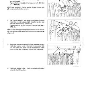 May include: Diagram of a camera installation process, with numbered components and text instructions. Includes a rearview camera, mounting bracket, bolts, nuts, washers, and cable ties. The text includes torque specifications in lb ft.