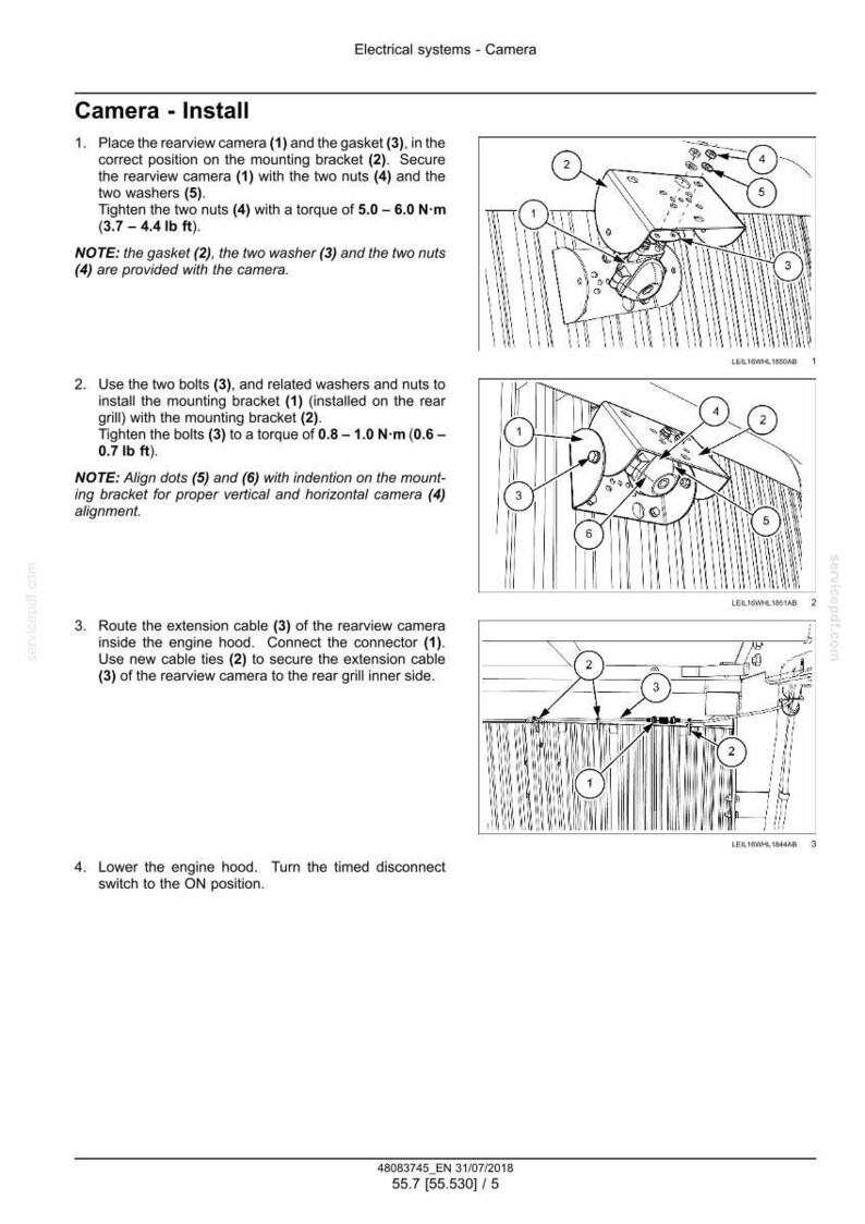 May include: Diagram of a camera installation process, with numbered components and text instructions. Includes a rearview camera, mounting bracket, bolts, nuts, washers, and cable ties. The text includes torque specifications in lb ft.