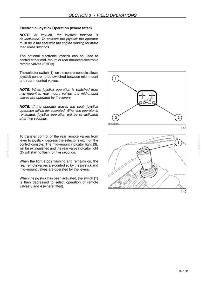 K&ouml;nnte beinhalten: Eine Seite aus einem technischen Handbuch mit dem Titel SECTION 3 - FIELD OPERATIONS zur elektronischen Joystick-Bedienung. Sie enth&auml;lt Textanweisungen, ein Diagramm eines Wahlschalters mit den Nummern 1, 2 und 3 sowie eine Strichzeichnung.