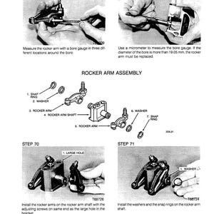 May include: Technical diagram of a rocker arm assembly, including steps for measurement and installation. The image shows various components like rocker arms, washers, and snap rings, with text instructions and measurements in inches.