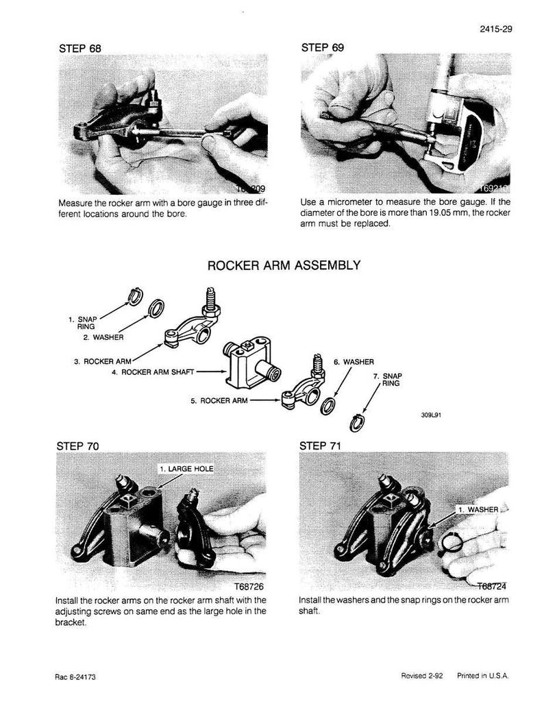 May include: Technical diagram of a rocker arm assembly, including steps for measurement and installation. The image shows various components like rocker arms, washers, and snap rings, with text instructions and measurements in inches.