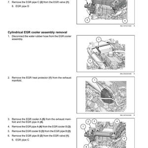 May include: Diagram of an engine's exhaust gas recirculation (EGR) system, including the EGR cooler, pipes, and valve. The image provides step-by-step instructions for removing components, with numbered parts and arrows indicating connections. Text includes "Cylindrical EGR cooler assembly removal."