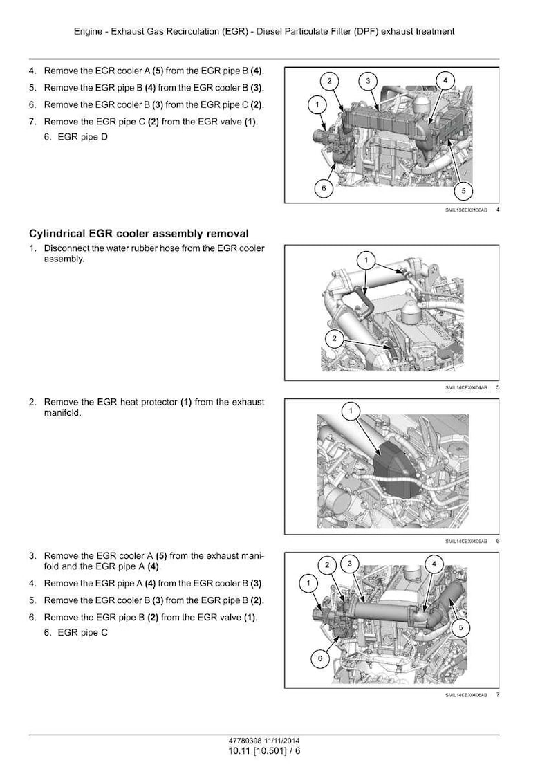 May include: Diagram of an engine's exhaust gas recirculation (EGR) system, including the EGR cooler, pipes, and valve. The image provides step-by-step instructions for removing components, with numbered parts and arrows indicating connections. Text includes "Cylindrical EGR cooler assembly removal."