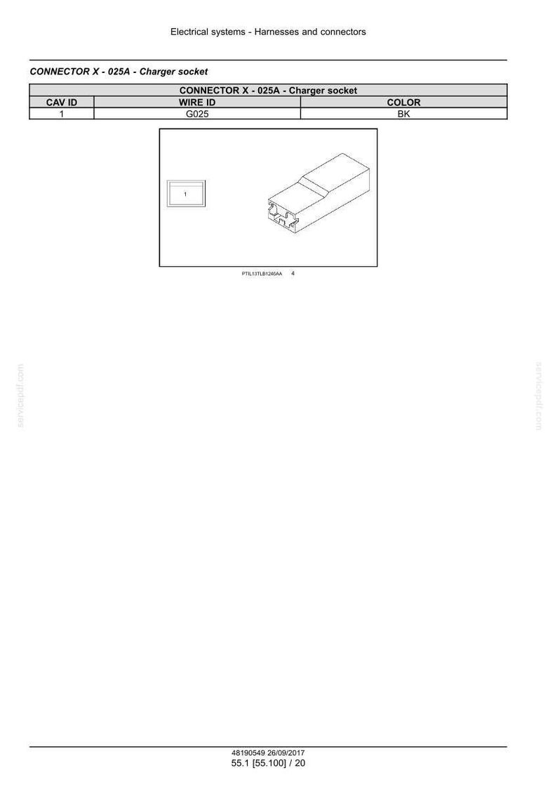 May include: Diagram of a black electrical connector labeled "CONNECTOR X - 025A - Charger socket." The image includes a wire ID "G025" and the color "BK."