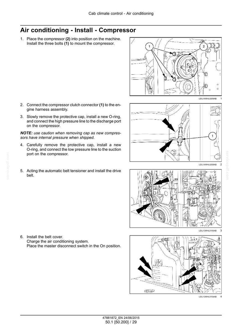 May include: Diagram illustrating the installation of an air conditioning compressor. The image shows step-by-step instructions with numbered diagrams, arrows, and labels for each component. Text includes "Air conditioning - Install - Compressor".