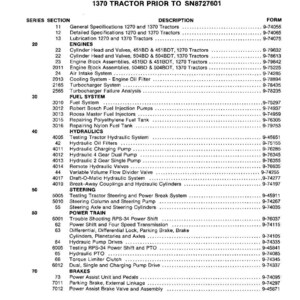 K&ouml;nnte beinhalten: Schwarz-wei&szlig; Inhaltsverzeichnis f&uuml;r 1270 und 1370 Traktoren, mit Spezifikationen, Motoren, Kraftstoffsystemen, Hydraulik, Lenkung, Antriebsstrang und Bremsen. Enth&auml;lt Formularnummern.