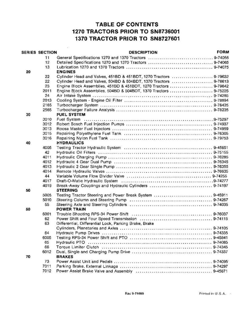 K&ouml;nnte beinhalten: Schwarz-wei&szlig; Inhaltsverzeichnis f&uuml;r 1270 und 1370 Traktoren, mit Spezifikationen, Motoren, Kraftstoffsystemen, Hydraulik, Lenkung, Antriebsstrang und Bremsen. Enth&auml;lt Formularnummern.