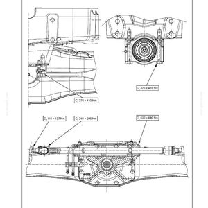 May include: Technical diagram of a powered front axle, labeled "Powered front axle - Torque." The diagram includes detailed mechanical drawings with torque specifications: C, 370-410 Nm, C, 111-137 Nm, C, 240-296 Nm, and C, 620-680 Nm.