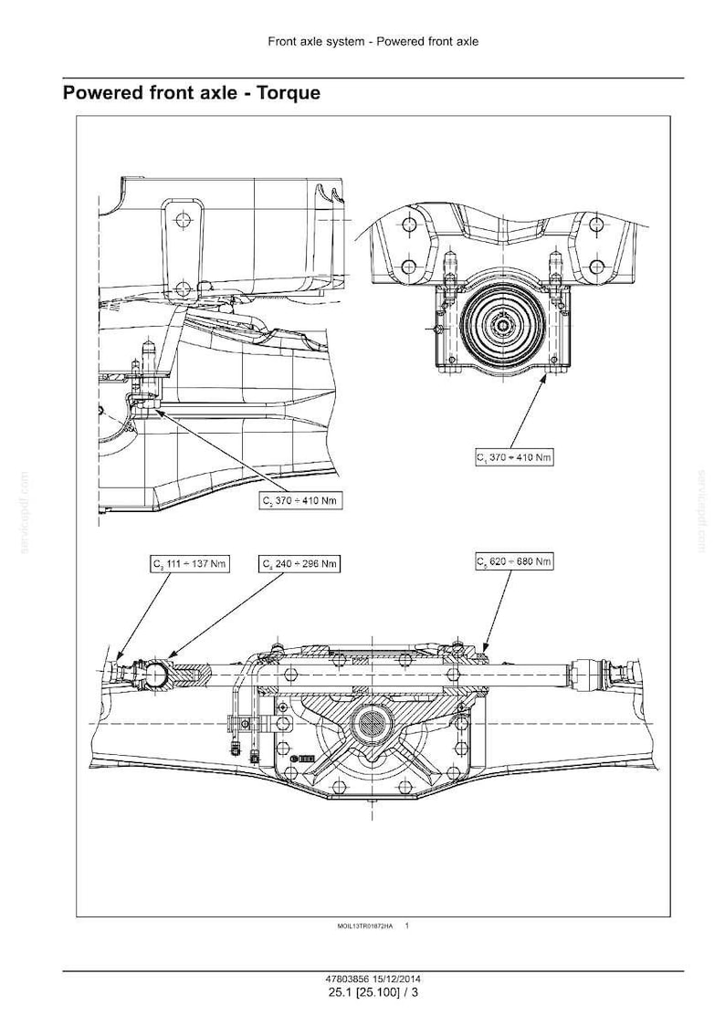 May include: Technical diagram of a powered front axle, labeled "Powered front axle - Torque." The diagram includes detailed mechanical drawings with torque specifications: C, 370-410 Nm, C, 111-137 Nm, C, 240-296 Nm, and C, 620-680 Nm.