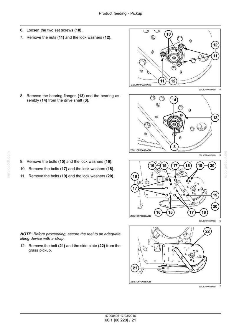 May include: Diagram of a product feeding pickup, with numbered steps and labeled parts. Includes close-up views of mechanical components such as bolts, washers, and flanges. Text instructions are provided.