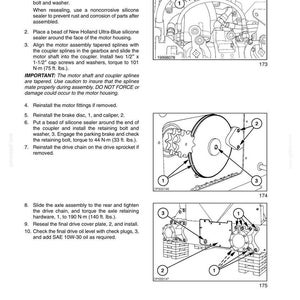 May include: Diagram of hydrostatic transmission components with labels and instructions for reinstallation. Includes images of the motor, brake disc, caliper, and axle assembly. Text includes torque specifications in foot-pounds.