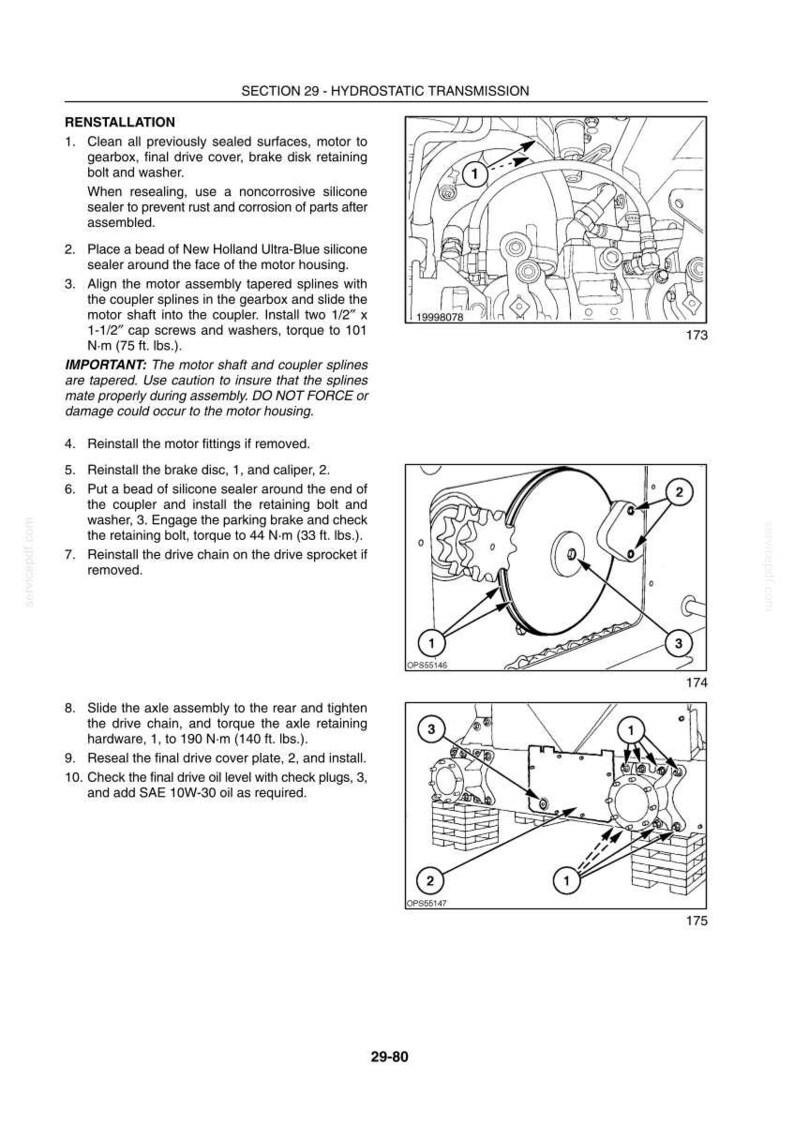 May include: Diagram of hydrostatic transmission components with labels and instructions for reinstallation. Includes images of the motor, brake disc, caliper, and axle assembly. Text includes torque specifications in foot-pounds.