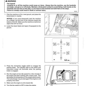 May include: Page from an operating manual with instructions on how to stop a machine. The page includes a warning about fall hazards and detailed steps for parking the machine safely, including engaging the parking brake and turning off the engine.
