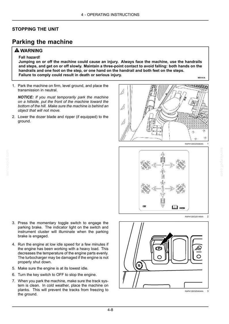 May include: Page from an operating manual with instructions on how to stop a machine. The page includes a warning about fall hazards and detailed steps for parking the machine safely, including engaging the parking brake and turning off the engine.