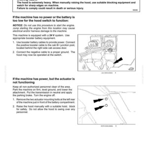 Peut inclure: Diagramme des proc&eacute;dures d'ouverture manuelle du capot d'une machine. Comprend des avertissements de s&eacute;curit&eacute; concernant les risques d'&eacute;crasement et des instructions en cas de panne de courant ou de dysfonctionnement de l'actionneur. Illustrations des composants.