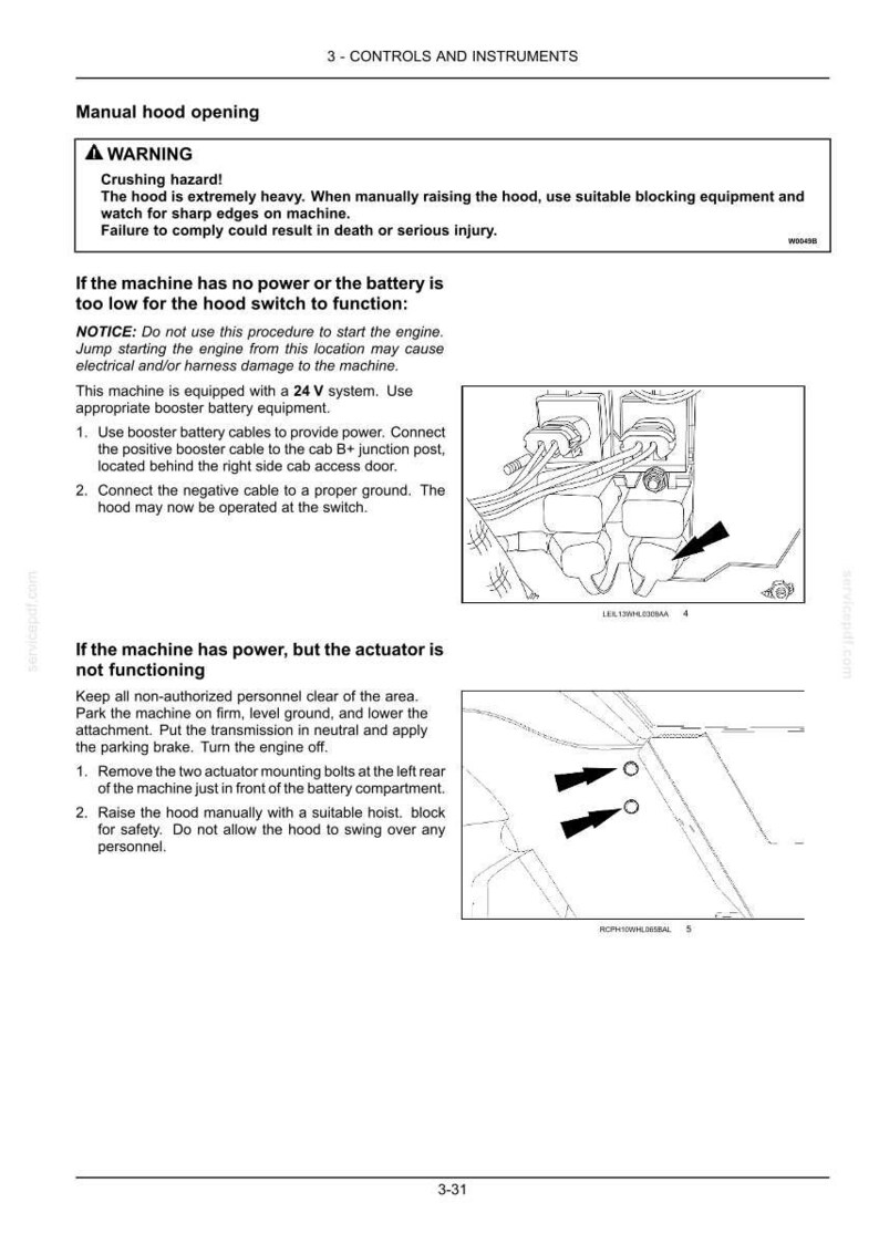 Peut inclure: Diagramme des proc&eacute;dures d'ouverture manuelle du capot d'une machine. Comprend des avertissements de s&eacute;curit&eacute; concernant les risques d'&eacute;crasement et des instructions en cas de panne de courant ou de dysfonctionnement de l'actionneur. Illustrations des composants.