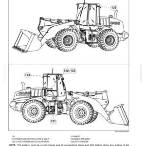 May include: Line drawings of a Case wheel loader, labeled with part numbers for radio and power converter components. The text at the top reads "RADIO AND POWER CONVERTER". The image includes a note about battery charge and electrical system testing.