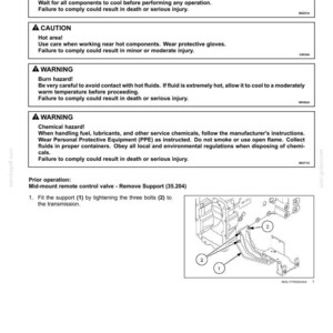 May include: Diagram of a mid-mount remote control valve installation, with warnings about hot surfaces and chemical hazards. Includes an exploded view with numbered components and instructions for fitting the support using bolts.