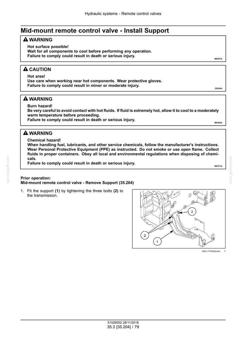 May include: Diagram of a mid-mount remote control valve installation, with warnings about hot surfaces and chemical hazards. Includes an exploded view with numbered components and instructions for fitting the support using bolts.