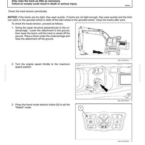 May include: A page from a maintenance manual with instructions on checking track tension. The image includes diagrams of an excavator and its control panel, along with safety warnings and numbered steps.