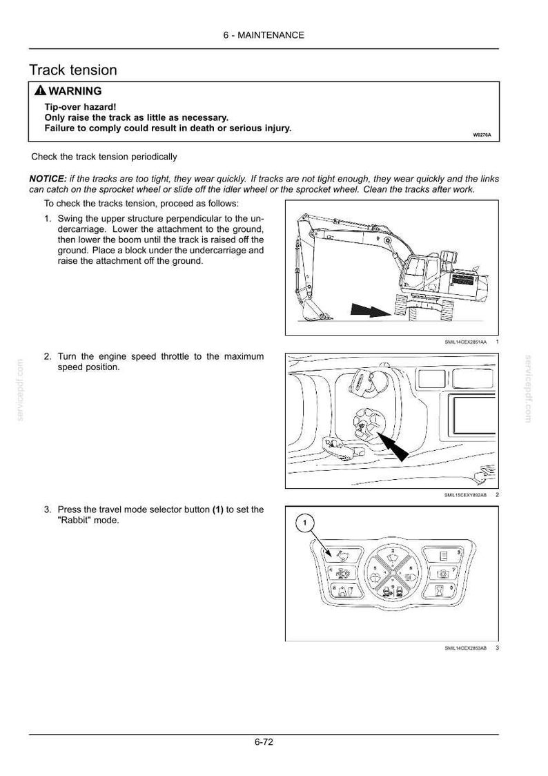 May include: A page from a maintenance manual with instructions on checking track tension. The image includes diagrams of an excavator and its control panel, along with safety warnings and numbered steps.