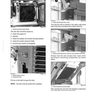 May include: A technical manual page titled Chapter 5 - Lubrication, Filters, and Fluids, featuring black and white diagrams of heavy machinery rear access doors, service locks, and latches with numbered labels and instructional text for maintenance.