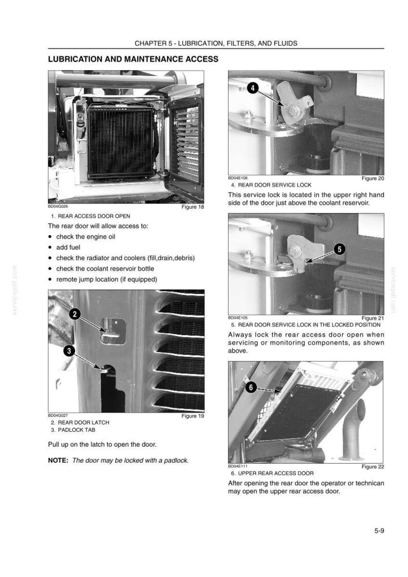 May include: A technical manual page titled Chapter 5 - Lubrication, Filters, and Fluids, featuring black and white diagrams of heavy machinery rear access doors, service locks, and latches with numbered labels and instructional text for maintenance.