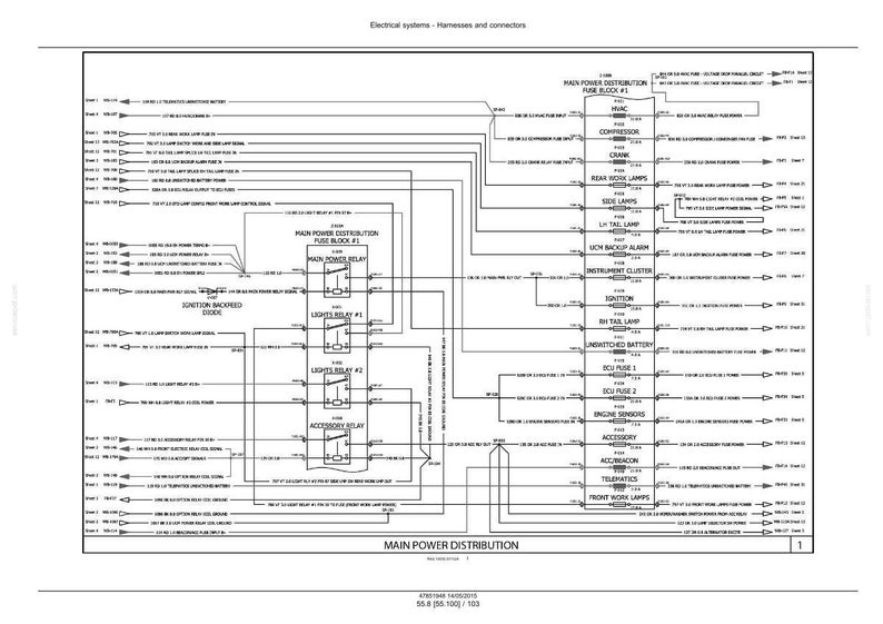 K&ouml;nnte beinhalten: Detaillierte Darstellung eines elektrischen Systems mit Kabelb&auml;umen und Steckern. Das Schema enth&auml;lt Beschriftungen f&uuml;r Relais, Sicherungen und Beleuchtungskomponenten. Der Titel "Electrical systems - Harnesses and connectors" ist oben dargestellt.