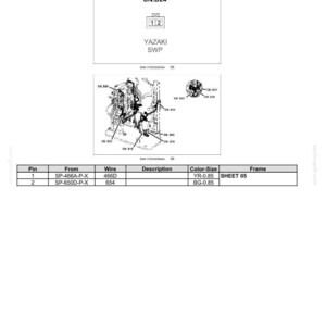 May include: Diagram of electrical systems, harnesses, and connectors. The image includes a diagram of a pressure switch, CN.D24, with a table detailing pin connections, wire types, and colour-size specifications. The text "YAZAKI SWP" is also present.