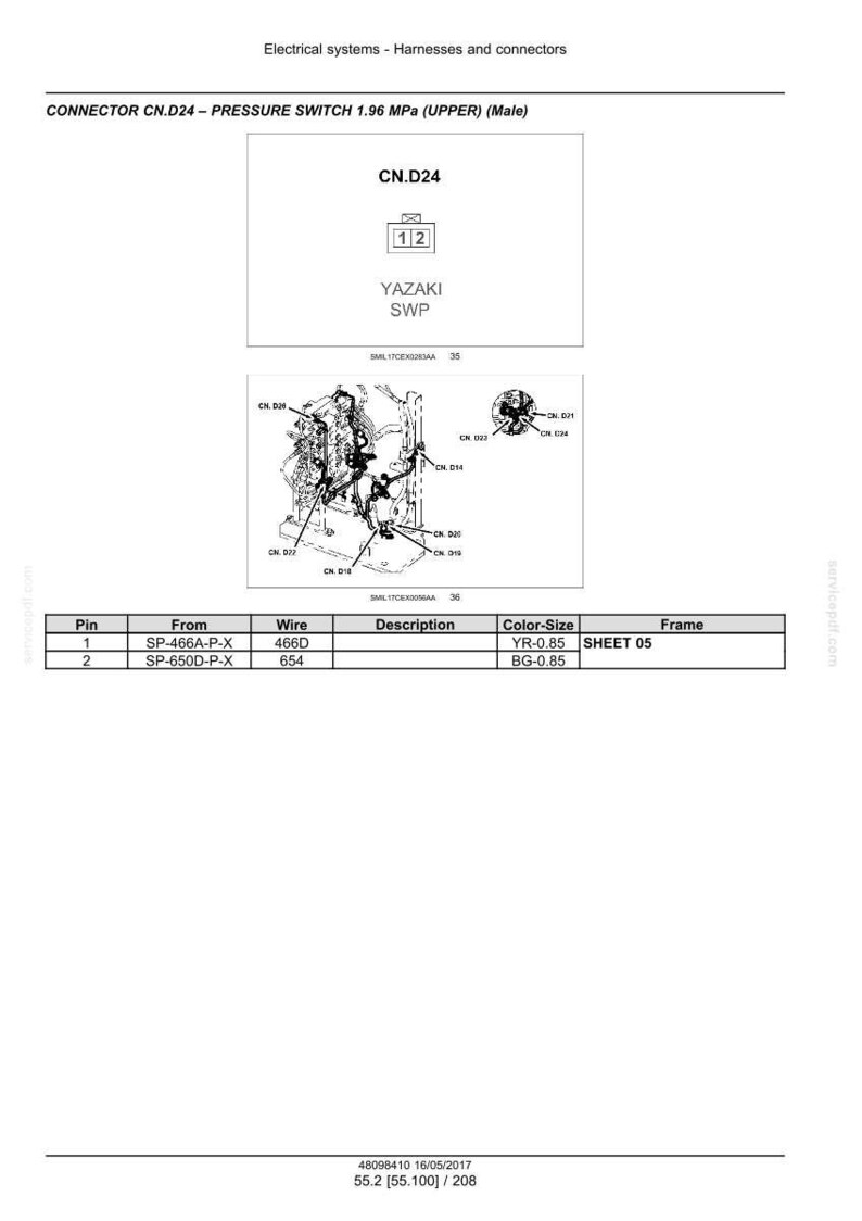 May include: Diagram of electrical systems, harnesses, and connectors. The image includes a diagram of a pressure switch, CN.D24, with a table detailing pin connections, wire types, and colour-size specifications. The text "YAZAKI SWP" is also present.