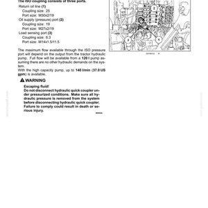 May include: A technical manual page titled 6-WORKING OPERATIONS detailing ISO power beyond couplings. It includes a black and white line drawing of hydraulic ports labeled 1, 2, and 3, with text specifying coupling sizes, port sizes, and safety warnings.