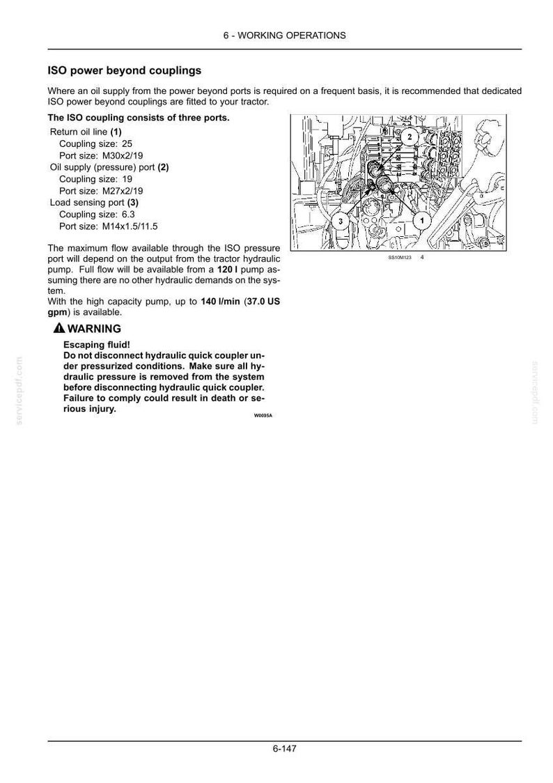May include: A technical manual page titled 6-WORKING OPERATIONS detailing ISO power beyond couplings. It includes a black and white line drawing of hydraulic ports labeled 1, 2, and 3, with text specifying coupling sizes, port sizes, and safety warnings.