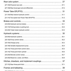 May include: A detailed technical manual page with a list of tractor parts and systems, including the rear axle, power take-off, brakes, hydraulic systems, hitches, and steering. The page is white with black text and numbers.