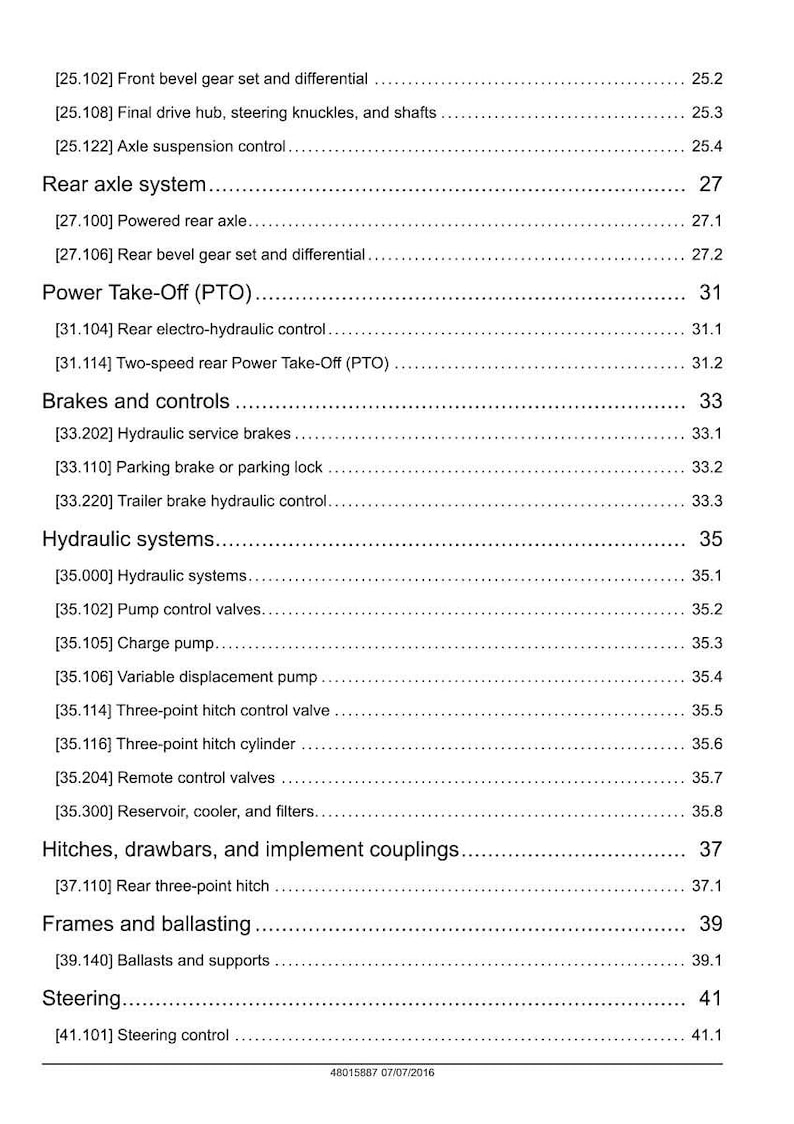 May include: A detailed technical manual page with a list of tractor parts and systems, including the rear axle, power take-off, brakes, hydraulic systems, hitches, and steering. The page is white with black text and numbers.