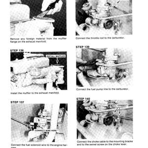 May include: A black and white diagram with instructions for engine repair. The steps include connecting various parts like the throttle rod, fuel pump line, and choke cable. Text includes "Install Muffler" and "Connect Wire Here."