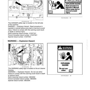 May include: A technical document page titled 2-SAFETY INFORMATION featuring two safety decals. The top decal shows a DANGER EXPLOSION HAZARD warning with a battery icon. The bottom decal shows a WARNING EXPLOSION HAZARD with a Do not use ether text.