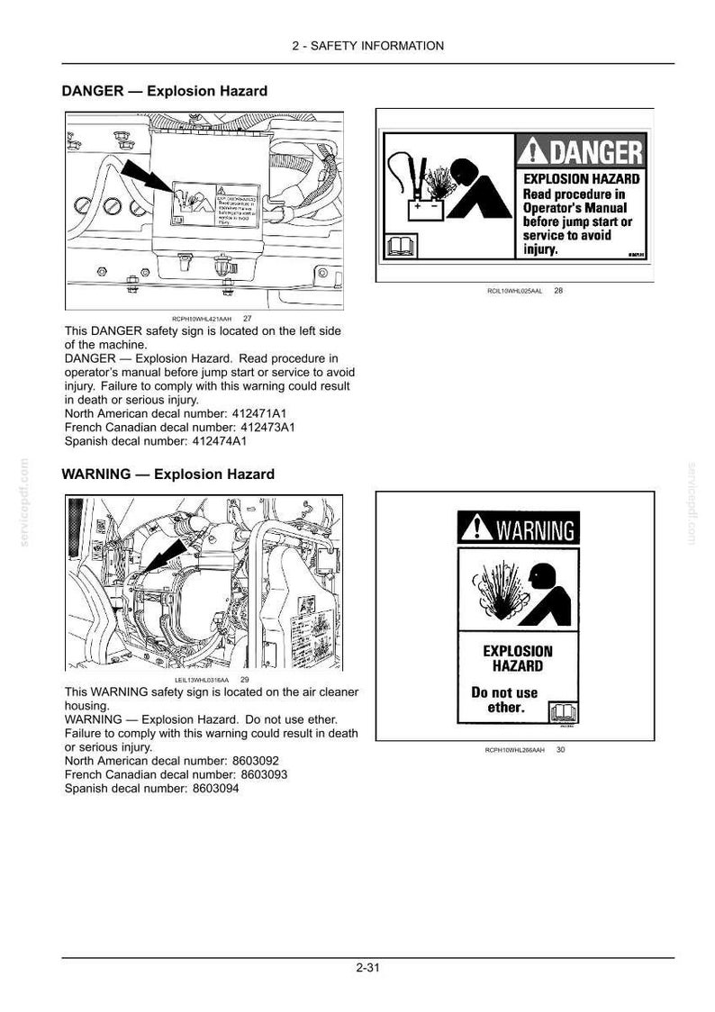 May include: A technical document page titled 2-SAFETY INFORMATION featuring two safety decals. The top decal shows a DANGER EXPLOSION HAZARD warning with a battery icon. The bottom decal shows a WARNING EXPLOSION HAZARD with a Do not use ether text.