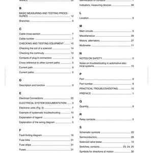 May include: A page from a manual with a table of contents. The headings include "Basic Measuring and Testing Procedures", "Checking and Testing Equipment", and "Electrical System Documentation". The page is black and white.