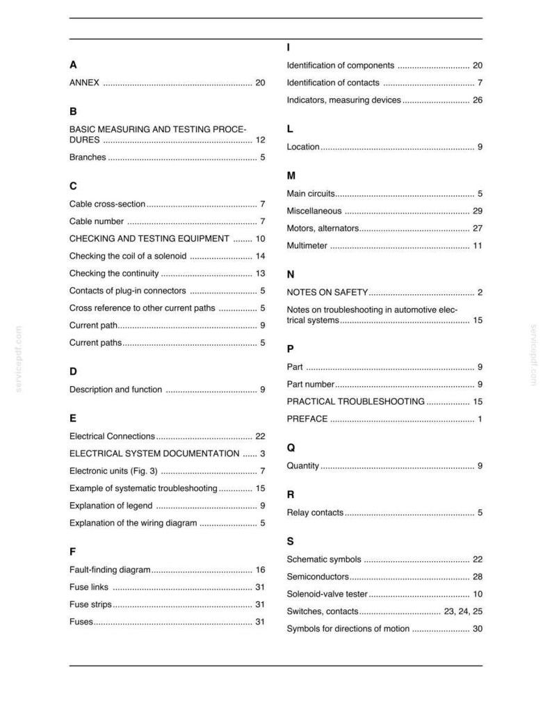 May include: A page from a manual with a table of contents. The headings include "Basic Measuring and Testing Procedures", "Checking and Testing Equipment", and "Electrical System Documentation". The page is black and white.