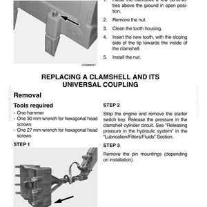 May include: A page from a maintenance manual detailing the replacement of a clamshell tooth and universal coupling. The image includes diagrams, tool lists, and step-by-step instructions for the repair process.