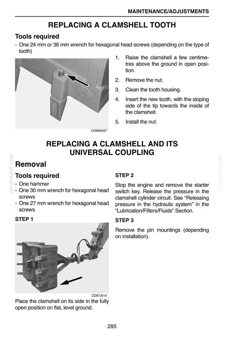 May include: A page from a maintenance manual detailing the replacement of a clamshell tooth and universal coupling. The image includes diagrams, tool lists, and step-by-step instructions for the repair process.