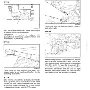 Peut inclure: Diagramme des &eacute;tapes de d&eacute;montage de l'essieu avant d'une machine. Comprend des illustrations et des instructions pour les &eacute;tapes 1 &agrave; 5, d&eacute;taillant les proc&eacute;dures telles que la d&eacute;connexion des composants et le retrait des boulons.